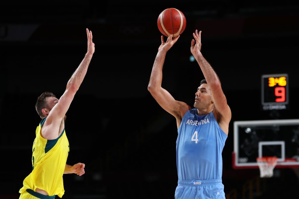 SAITAMA, JAPAN - AUGUST 03: Luis Scola #4 of Team Argentina looks on against Team Australia during the second half of a Men's Basketball Quarterfinal game on day eleven of the Tokyo 2020 Olympic Games at Saitama Super Arena on August 03, 2021 in Saitama, Japan. (Photo by Kevin C. Cox/Getty Images)