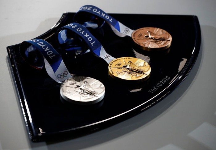 TOKYO, JAPAN - JUNE 03: A medal tray that will be used during the victory ceremonies at the Tokyo 2020 Olympic Games is displayed during an unveiling event for the victory ceremonies items including podium, music, costume and the medal tray for the Olympic and Paralympic games at the Ariake Arena on the day marking the 50 days to go to the Tokyo Olympic Games opening ceremony on June 3, 2021 in Tokyo, Japan. (Photo by Issei Kato - Pool/Getty Images)