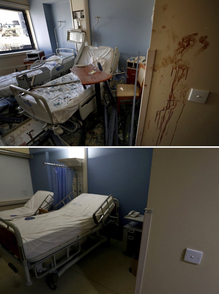 Satu Tahun Ledakan Beirut yang Menyisakan Luka In this two photo combination picture, top photo shows Michel Rahi standing inside a room at the Saint George Hospital University Medical Center that was damaged by the Aug. 4 massive blast at Beirut's seaport, in Beirut, Lebanon, Wednesday, Aug. 5, 2020, and bottom photo shows Michel Rahi stands inside the same room at the Saint George Hospital University Medical Center in Beirut, Lebanon Thursday, July 20, 2021. The hospital is located about 900 meters (yards) from a warehouse in Beirut port, where hundreds of tons of ammonium nitrate, a highly explosive fertilizer, blew up a year ago, triggering one of the largest non-nuclear explosions in history. (AP Photo/Hassan Ammar, Bilal Hussein)