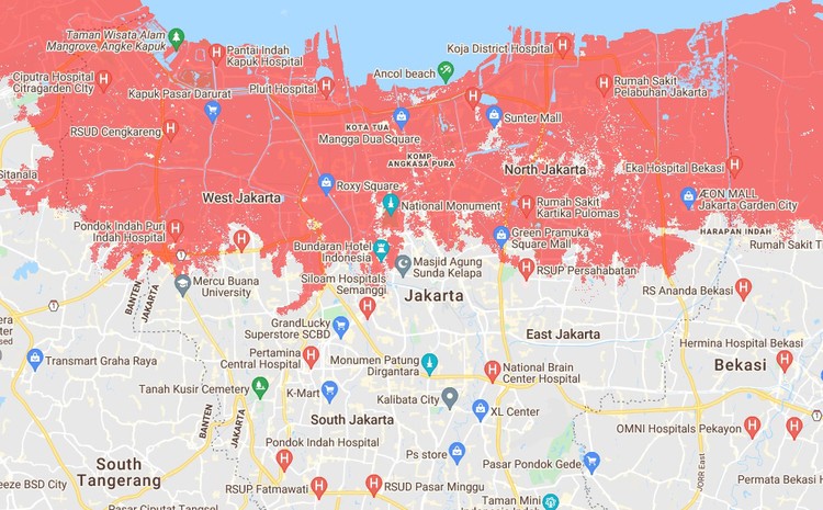 Lembaga non-profit independen yang fokus pada isu perubahan iklim, Climate Central, membuat peta proyeksi wilayah DKI Jakarta yang tenggelam pada 2030.