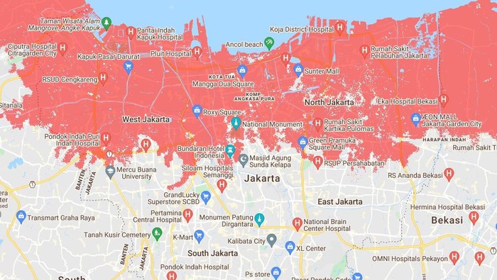 Lembaga non-profit independen yang fokus pada isu perubahan iklim, Climate Central, membuat peta proyeksi wilayah DKI Jakarta yang tenggelam pada 2030.