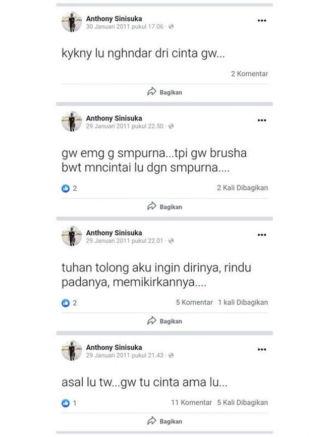 Viralnya unggahan-unggahan jadul Anthony ini membuat namanya menjadi perbincangan para netizen. Bagaimana menurutmu unggahan-unggahan dari Anthony ini? Foto: Facebook/Anthony Sinisuka