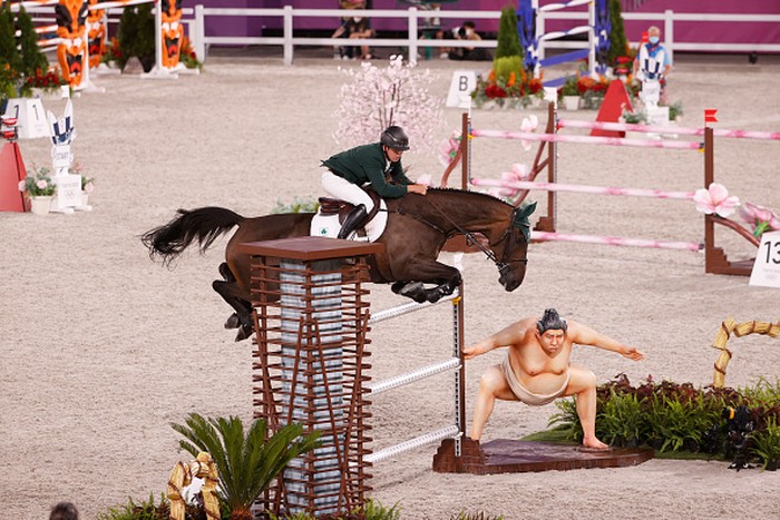 1332326245 TOKYO, JAPAN - AUGUST 04: Bertram Allen of Team Ireland riding Pacino Amiro competes in the Equestrian Jumping Individual Final on day twelve of the Tokyo 2020 Olympic Games at Equestrian Park on August 04, 2021 in Tokyo, Japan. (Photo by Ezra Shaw/Getty Images)