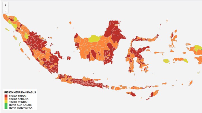 Peta sebaran zona Covid-19 di Indonesia.