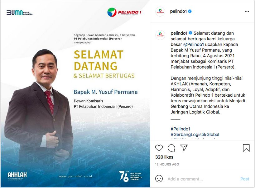 Ucapan selamat Pelindo I kepada Yusuf Permana