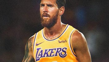 Begini kira-kira kalau Messi pindah jadi main basket dan gabung dengan LA Lakers. Foto: (Twitter)