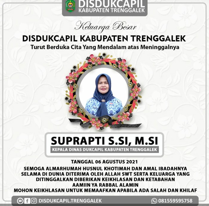 Kepala Dispendukcapil Sipil Trenggalek Suprapti meninggal dunia terpapar COVID-19