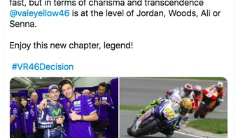 Akhir sebuah era. Dlaam hal karisma, Valentino ROssu berada di level Michael Jordan, Tiger Woods, Ali dan Senna, tulis Jorge Lorenzo, mantan pesaing Rossi. Foto: Twitter