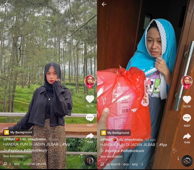 Ambil paket apalagi jika harus difoto memang bisa jadi merepotkan untuk mereka yang berhijab. Foto: TikTok @hesfinatia