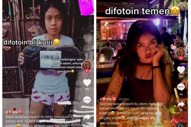 Saat di rumah kebanyakan orang tentu mengenakan busana sederhana dan tidak berdandan. Paket yang datang tiba-tiba membuat mereka terlihat sangat natural ketika difoto oleh kurir. Foto: TikTok @bellinasturn