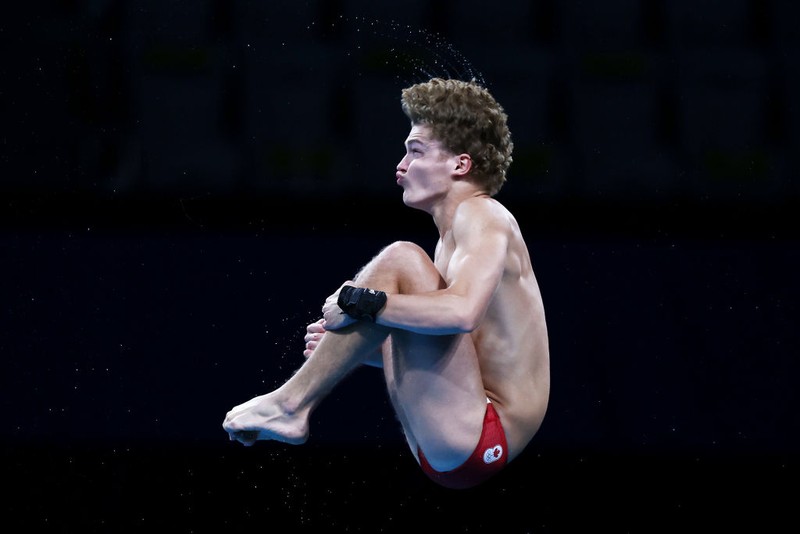 TOKYO, JAPAN - AUGUST 06: Rylan Wiens of Team Canada competes in the Men's 10m Platform preliminaries on day fourteen of the Tokyo 2020 Olympic Games at Tokyo Aquatics Centre on August 06, 2021 in Tokyo, Japan. (Photo by Al Bello/Getty Images)