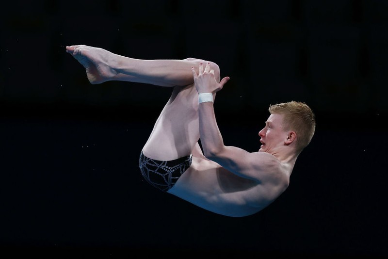 TOKYO, JAPAN - AUGUST 06: Jaden Shiloh Eikermann Gregorchuk of Team Germany competes in the Men's 10m Platform preliminaries on day fourteen of the Tokyo 2020 Olympic Games at Tokyo Aquatics Centre on August 06, 2021 in Tokyo, Japan. (Photo by Al Bello/Getty Images)