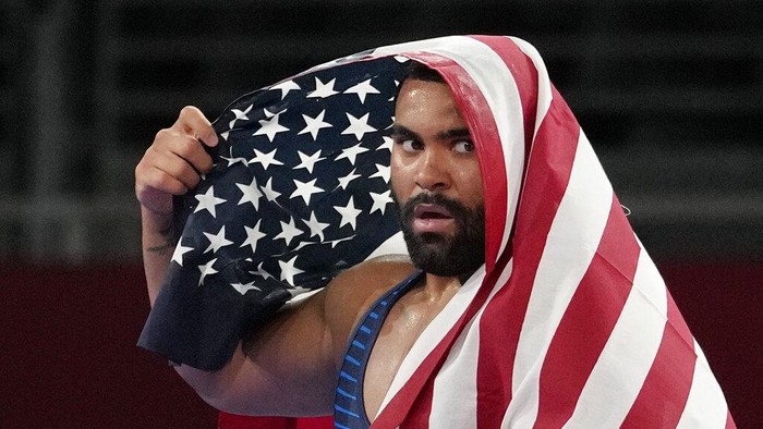 United States Gable Dan Steveson celebrates after defeating Georgias Gennadij Cudinovic during their mens freestyle 125kg wrestling final match at the 2020 Summer Olympics, Friday, Aug. 6, 2021, in Chiba, Japan. (AP Photo/Aaron Favila)
