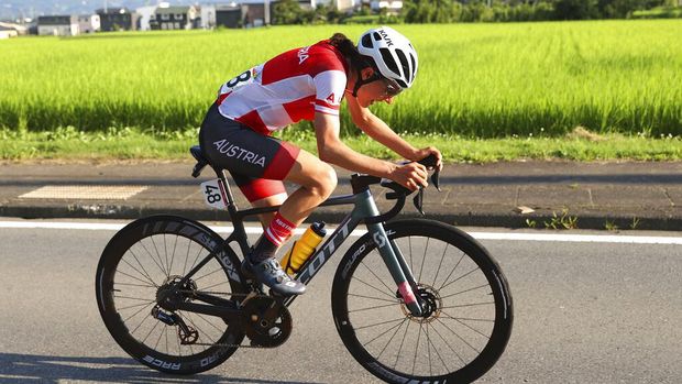 Anna Kiesenhofer of Austria competes in the women's cycling road race at the 2020 Summer Olympics, Sunday, July 25, 2021, in Oyama, Japan. (Michael Steele/Pool Photo via AP)