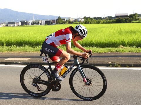 Anna Kiesenhofer of Austria competes in the women's cycling road race at the 2020 Summer Olympics, Sunday, July 25, 2021, in Oyama, Japan. (Michael Steele/Pool Photo via AP)
