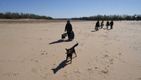 Warga di pedesaan nelayan melintasi Sungai Parana Lama yang mulai mengering di Rosario, Argentina (29/7).  Menurut para pecinta lingkungan, turunnya permukaan air sungai disebabkan oleh perubahan iklim, berkurangnya curah hujan, penggundulan hutan, dan kemajuan pertanian. AP Photo/Victor Caivano  