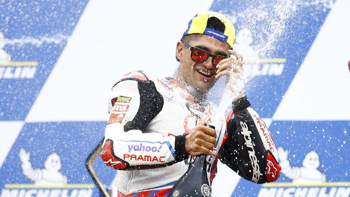 Pramac Ducati rider Jorge Martin of Spain celebrates after winning the MotoGP race at Grand Prix of Styria at the Red Bull Ring in Spielberg, Austria, Sunday, Aug. 8, 2021. (AP Photo/Gerhard Schiel)