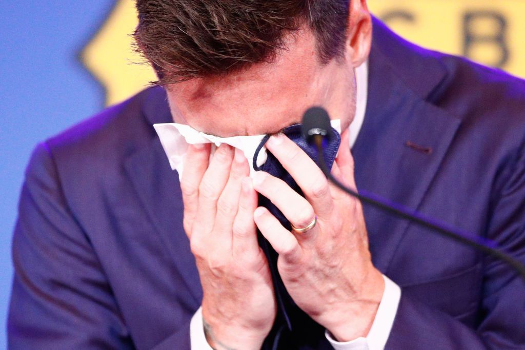 BARCELONA, SPAIN - AUGUST 08: Lionel Messi of FC Barcelona faces the media during a press conference at Nou Camp on August 08, 2021 in Barcelona, Spain. (Photo by Eric Alonso/Getty Images)