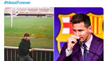 Messi saat awal gabung Barcelona dan saat berpisah. Foto: Twitter