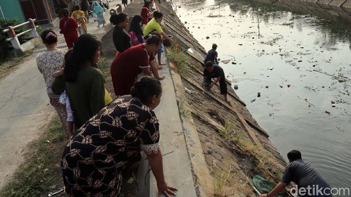 Ribuan ekor ikan keting muncul di aliran Sungai Cikeruh, Tegalluar, Bojongsoang, Kabupaten Bandung. Ikan muncul pasca hujan, Minggu (8/8) sore.