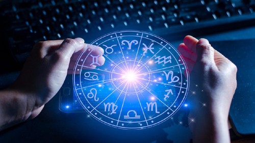 Zodiac signs inside of horoscope circle. Astrology in the sky with many stars and moons  astrology and horoscopes concept