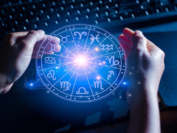 Zodiac signs inside of horoscope circle. Astrology in the sky with many stars and moons  astrology and horoscopes concept
