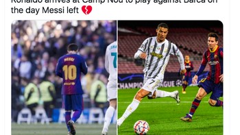 Ronaldo sebenarnya datang ke Camp Nou untuk laga uji coba bersama Juventus, tapi Messi sudah keburu pergi. Foto: Twitter