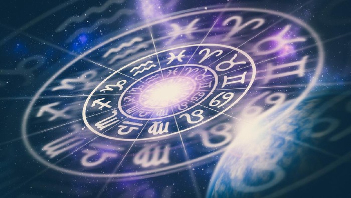 Astrological zodiac signs inside of horoscope circle on universe background - astrology and horoscopes concept