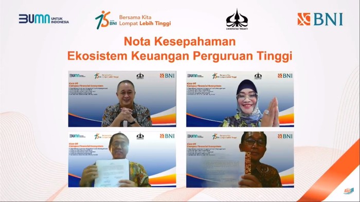 PT Bank Negara Indonesia (Persero) Tbk atau BNI menerapkan Ekosistem Keuangan Perguruan Tinggi yang Terintegrasi untuk Universitas Trisakti (USAKTI). Dengan demikian, USAKTI menjadi perguruan tinggi swasta pertama yang menjadi percontohan Ekosistem Keuangan Perguruan Tinggi yang Terintegrasi BNI.