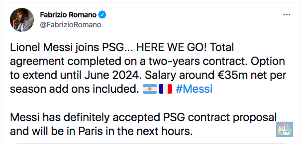 Kicauan Fabrizio Romano perihal kesepakatan Messi dan PSG.