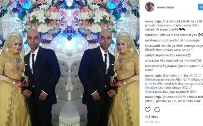 Mona Rizqia sudah menikah dengan Faik Nahdi pada Juli 2016. Pada hari pernikahannya, Mona mengenakan gaun warna gold dan Faik memakai jas hitam. Dari hasil pernikahan tersebut, keduanya sudah dikaruniai seorang buah hati. Foto: Dok. Instagram @monarizqia.
