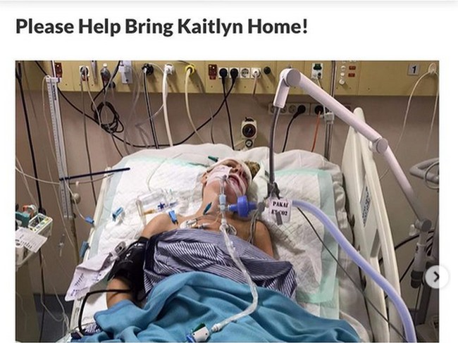 Dan seperti inilah keadaan Kaitlyn yang terbujur di rumah sakit dengan alat bantu pernapasan. Foto: dok. Instagram/@ fearlesstravelers