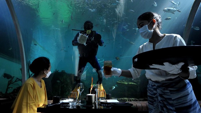 Pengunjung berada di Koral Restaurant yang terletak di The Apurva Kempinski Bali, Nusa Dua, Badung, Bali, Senin (9/8/2021). Restoran dengan nuansa akuarium yang menampung sekitar 2.400 ekor ikan dengan 63 jenis ikan tersebut dinobatkan sebagai 
