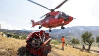 Helikopter pemadam kebakaran ini bolak-balik mengambil air dari danau atau sumber terdekat untuk memadamkan api. AP Photo  
