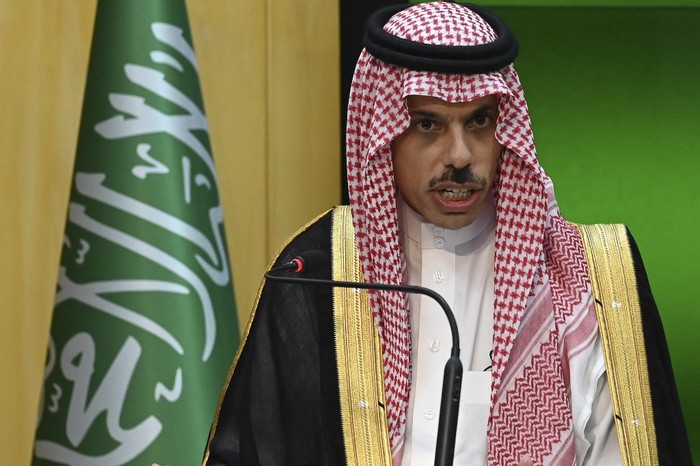 Saudi Foreign Minister Prince Faisal Bin Farhan Al-Saud speaks during a joint press conference with Pakistans Foreign Minister Shah Mahmood Qureshi (not pictured) at the Foreign Ministry in Islamabad on July 27, 2021. (Photo by Aamir QURESHI / AFP)