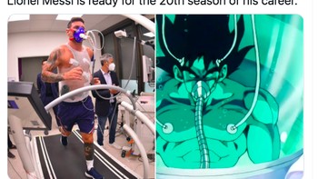 Walau sudah cukup berumur, kemampuan Messi dipandang masih sangat hebat di lapangan hijau. Ibarat Son Go Kou dari Dragon Ball yang selalu kuat. Foto: Twitter