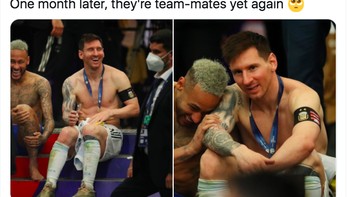 Messi dan Neymar bercanda di final Copa America baru-baru ini. Tak dinyana sekarang mereka menjadi rekan setim. Foto: Twitter
