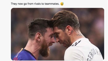 Messi dan Ramos biasa bertarung ketika masih membela Barcelona dan Real Madrid. Kini mereka rukun sebagai rekan setim. Foto: Twitter