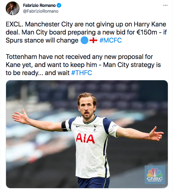 Unggahan Fabrizio Romano di Twitter terkait kabar penawaran City untuk Kane.