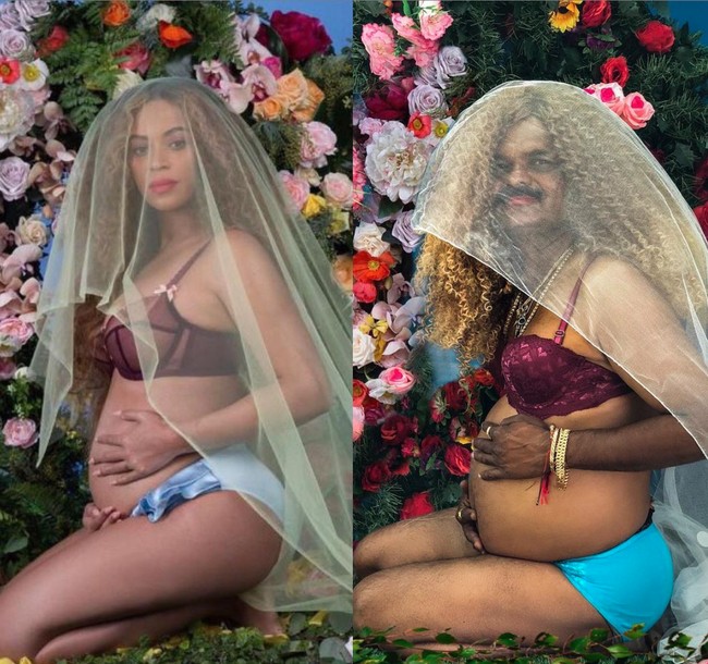 Kalau dilihat dari perutnya sih udah sama nih. Yang bikin salfok cuma kumisnya aja. Sejak kapan Beyonce jadi punya kumis tebal kayak gitu deh? Foto: Instagram/@sulebrities