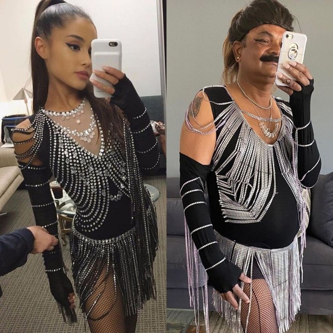 Kalau ini sih judulnya Ariana Grande tanpa kumis vs Curryana Extra Grande pakai kumis. Kalau ketemu yang versi berkumis kayak gini kira-kira kamu bakal ajak foto bareng juga nggak? Foto: Instagram/@sulebrities