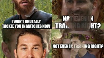 Ramos mungkin tidak akan menekel Messi lagi di pertandingan, namun tidak tahu kalau pas mereka sedang latihan. Foto: Twitter