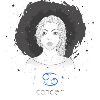Zodiak Cancer Cancer zodiac sign and constellation. Vector illustration with a beautiful horoscope symbol girl on grunge background.
