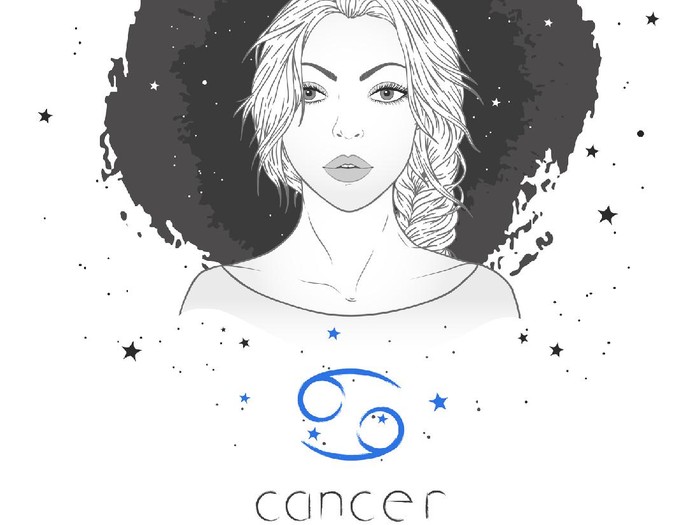 Cancer zodiac sign and constellation. Vector illustration with a beautiful horoscope symbol girl on grunge background.