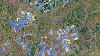 Pertanian ginseng di utara China dipotret oleh Landsat 8 pada 25 September 2017. Gambar itu menunjukkan adanya struktur warna biru, ungu, dan kuning yang terlihat di sekitar pertanian di provinsi Heilongjiang di utara China. Struktur berwarna merupakan penutup plastik yang digunakan untuk menumbuhkan ginseng. Foto: NASA