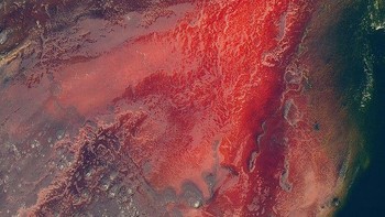 Foto Danau Natron di Tanzania tampak berwarna merah darah. Foto ini diambil oleh Landsat 8 pada 6 Maret 2017. Danau Natron merupakan danau alkalin dan warna dramatis terjadi akibat adanya campuran natrium karbonat cair dan garam kalsium karbonat dari gunung berapi di dekat sana. Campuran tersebut kemudian masuk ke dalam air danau melalui mata air panas. Foto: NASA