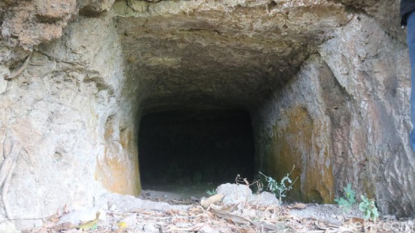 Struktur gua Jepang di Kudus berbentuk kotak dan ada huruf T-nya. Ada tembus, tapi sudah tertimbun. Dari luar terlihat mulut gua itu berbentuk persegi panjang dan pendek, kurang dari 1,5 meter. (Dian Utoro Aji/detikTravel)