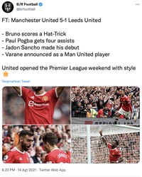 Netizen merayakan kemenangan Manchester United vs Leeds United dengan skor 5-1 di stadion Old Trafford, Sabtu (14/8) waktu setempat.