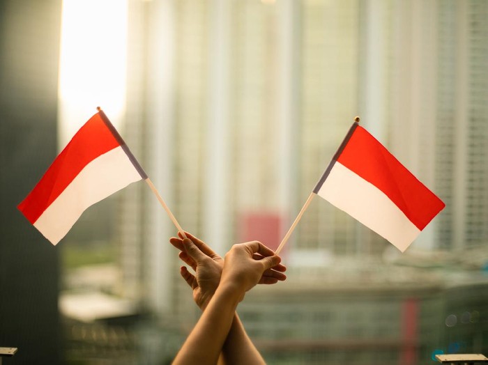 cropped hand of person holding Indonesia Flag in the city scape