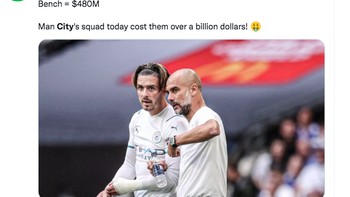Begitu mahalnya skuad City hingga total tembus USD 1 miliar termsuk Jack Grealish, tapi kalah dari Spurs. Foto: Twitter